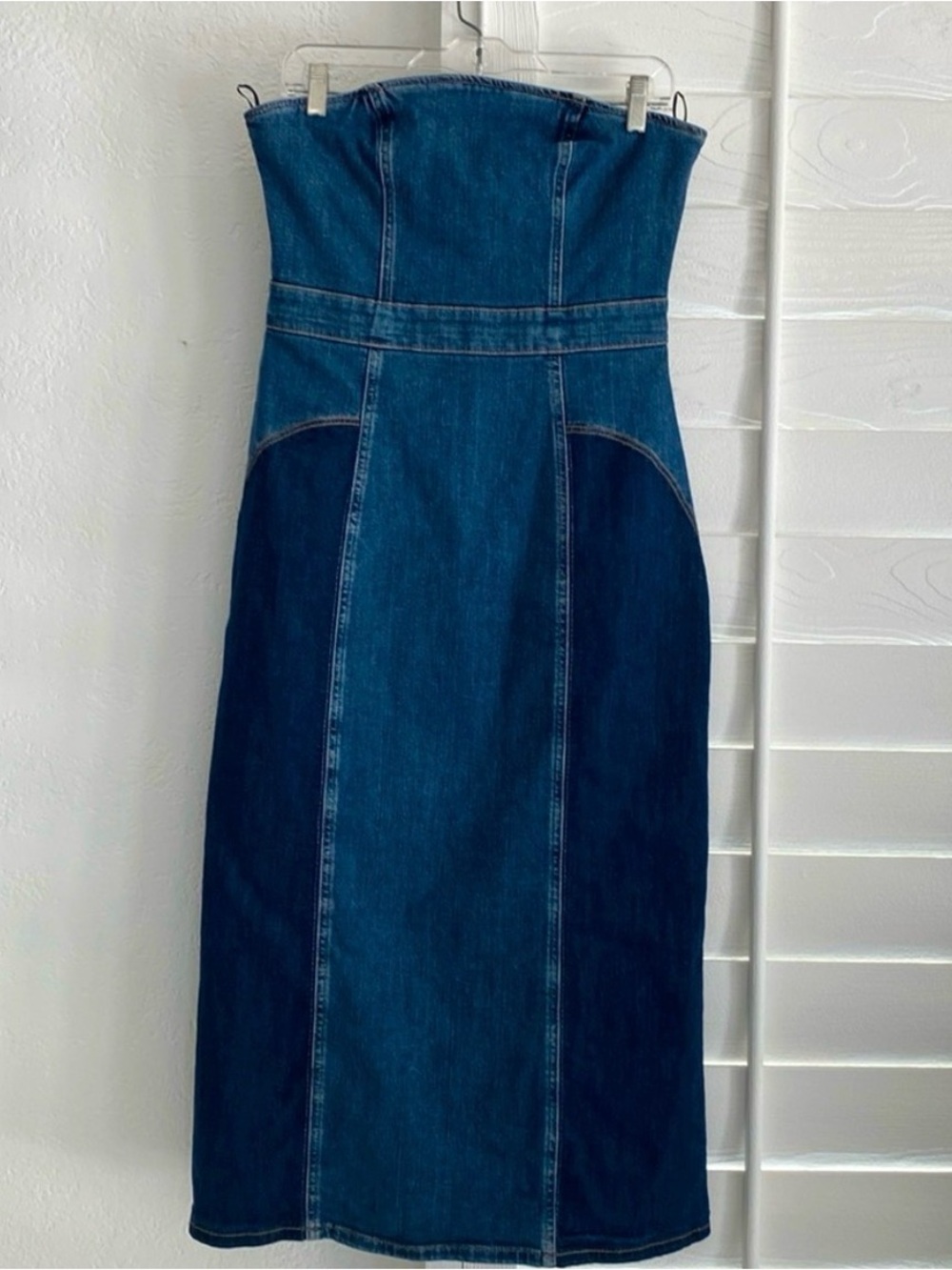Zara Strapless Two-Tone Denim Midi Dress in Dark and Medium Blue